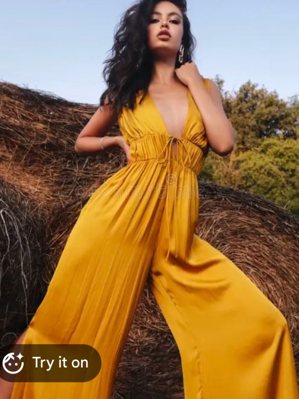 Zara Mustard Yellow Pleated V-Neck Jumpsuit